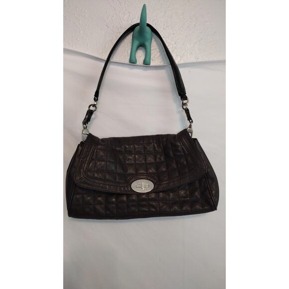 BCBGMAXAZRIA Shoulder Bag Womens Brown Quilted Turn Lock Pebbled Baguette Purse - Picture 1 of 10